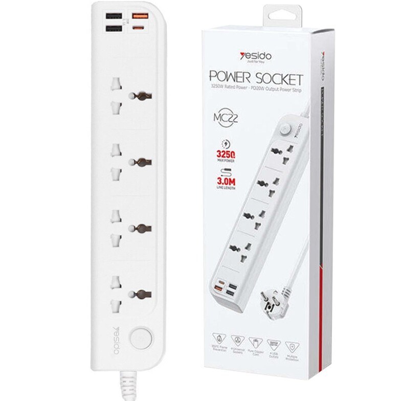 چندراهی برق یسیدو مدل MC20 با ۴ پریز و USB